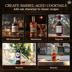 Barrel-aged cocktail ideas featuring the Old Fashioned, Manhattan, Negroni, Martini, and Sazerac for aging in a small oak barrel.