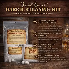 Swish Barrel Cleaning Kit key features showing complete oak barrel cleaning system that removes residue and off flavors and extends barrel life for small aging barrels