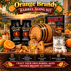 Orange brandy barrel aging kit with real oak barrel, two premium orange brandy essence packets, Bootlegger’s Bible aging guide, barrel cleaning kit, brandy glass and fresh oranges for aging brandy at home.