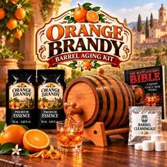 Orange brandy barrel aging kit with real oak barrel, two premium orange brandy essence packets, Bootlegger’s Bible aging guide, barrel cleaning kit, brandy glass and fresh oranges for aging brandy at home.