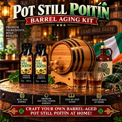 Pot Still Poitín barrel aging kit with real oak barrel, premium Poitín essence, Irish-inspired accessories and whiskey glasses for crafting barrel-aged Poitín-style spirits at home.