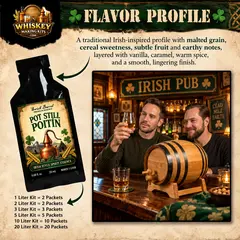 Pot Still Poitín essence flavor profile featuring malted grain, cereal sweetness, subtle fruit, vanilla, caramel and warm spice, with a real oak aging barrel in a traditional Irish pub setting.