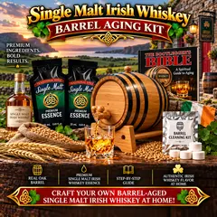 Dublin Single Malt Irish Whiskey making kit featuring oak barrel aging system, premium essence pouches, Bootlegger’s Bible guide, and home whiskey gift set