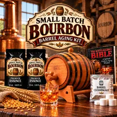 Small Batch Bourbon Barrel Aging Kit featuring real American oak barrel, essence packets and glass of bourbon over ice.