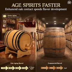 Small oak aging barrel compared with a commercial barrel, showing how increased oak contact helps spirits develop flavor faster.