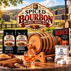 Spiced bourbon whiskey barrel aging kit with real oak barrel, two premium spiced bourbon essence packets, Bootlegger’s Bible aging guide, barrel cleaning kit, whiskey glass, cinnamon and warm spices for aging bourbon at home.