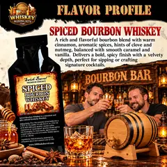 Spiced bourbon whiskey essence flavor profile featuring warm cinnamon, clove, nutmeg, caramel and vanilla notes, with an oak aging barrel and bourbon bar setting.