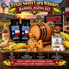 exas Sweet Corn Whiskey barrel aging kit hero image with oak whiskey barrel, corn kernels, premium essence pouches, glass of whiskey, and complete home infusion gift set
