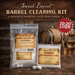 Thousand Oaks Swish Barrel Cleaning Kit for 10 to 20 liter oak barrels with cleaner and neutralizing acid designed to restore and maintain aging barrels