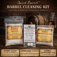 Swish Barrel cleaning kit with barrel kleen, sterilizing tablets, and neutralizing acid for cleaning and maintaining oak aging barrels for whiskey, bourbon, and wine