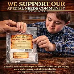 Swish Barrel Cleaning Kit packaging being labeled by worker with special needs highlighting brand support and hand-applied product labeling process