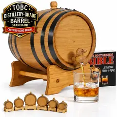 American white oak whiskey aging barrel with spigot pouring bourbon into a clear glass, includes wooden stand and black steel hoops for home bar use.
