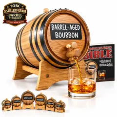 Thousand Oaks Barrel Co. distillery-grade American oak aging barrel with black steel hoops, wooden stand and spigot pouring bourbon into a whiskey glass. Features the TOBC Certified Aging Barrel badge, Bootlegger's Bible aging guide and miniature whiskey barrels.