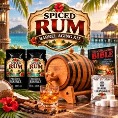 Spiced Rum barrel aging kit featuring oak aging barrel, premium essence packets, rum glass, spices, and complete home aging system.