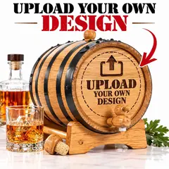 Upload your own logo or artwork for a custom engraved small whiskey barrel made from American white oak, featuring six black steel hoops, wooden stand, and spigot.