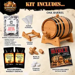 Wild Bourbon Whiskey barrel aging kit includes a real oak barrel, two Wild Bourbon Whiskey essence packets, barrel restoration kit, paper funnels, cradle stand, bung and spigot, storing tablets, and Bootlegger’s Bible aging guide.