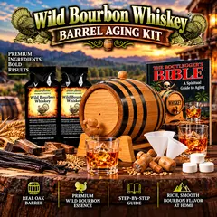 Wild bourbon whiskey barrel aging kit with real oak barrel, two Wild Bourbon Whiskey essence packets, Bootlegger’s Bible aging guide, whiskey glasses and barrel accessories for crafting barrel-aged bourbon whiskey at home.