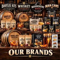 Our spirit-making brands featuring Bootleg Kits, Whiskey Experience, Moonshine Magic, Man Cans, Barrel Aged Cocktail Kits and Liquor Quik infusion kits.