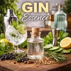 Brandy essence bottle with brandy snifter, grapes, and oak barrel creating rich brandy flavor essence for cocktails and homemade spirits.