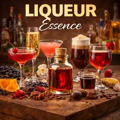 Liqueur essence bottle surrounded by colorful liqueur cocktails, fruit, chocolate, and coffee representing premium liqueur flavor essence for cocktails and spirits.