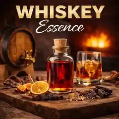 Premium whiskey essence bottle with oak barrel, whiskey glass, and spices creating rich whiskey flavor essence for cocktails and spirits.