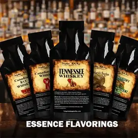 Variety pack of spirit essence flavorings including Tennessee Whiskey, Bourbon, Rye, and Irish Whiskey flavors displayed in front of a luxury bar backdrop.