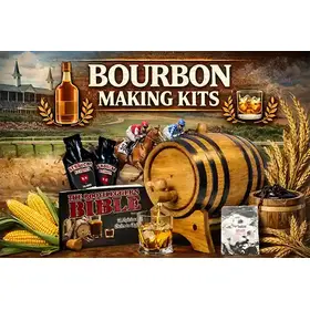 Bourbon making kits featuring a small oak aging barrel pouring bourbon into a whiskey glass, corn and wheat grains, stacked barrels, Kentucky horse racing backdrop, and home distilling supplies on a rustic wooden display.