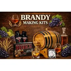 Brandy making kits featuring a small oak aging barrel pouring brandy into a glass, fresh grapes, wheat grains, brandy bottle, and home spirit aging supplies displayed on a rustic wooden background.