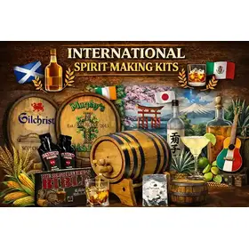 International spirit making kits featuring oak aging barrels, Scotch whisky, Irish whiskey, Japanese-inspired spirits, Mexican-style tequila elements, grains, and global-themed ingredients displayed on a rustic wooden background.