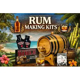 Rum making kits featuring a small oak aging barrel pouring rum into a glass, tropical island background with palm trees, sugar cane, molasses, and home distilling supplies displayed on a beach-inspired backdrop.