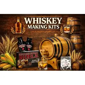 Whiskey making kits featuring a small oak aging barrel pouring whiskey into a glass, grain ingredients, stacked barrels, and home distilling supplies displayed on a rustic wooden background.