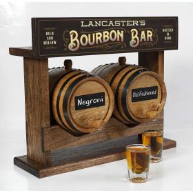 Personalized Bourbon Bar Double Barrel Racking System with Two American White Oak Barrels with Chalkboard Front, bourbon barrel in rack