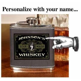 'Sour Mash Whiskey' Personalized Leather Flask B811