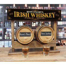 Personalized Irish Whiskey Pub Double Barrel Racking System with Two American White Oak Barrels with Chalkboard Front