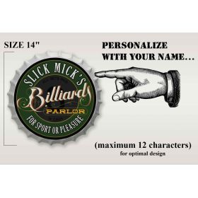 Personalized Billiards Parlor Bottle Cap Sign