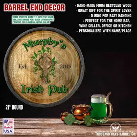 Personalized Irish pub quarter barrel sign with product features and benefits text