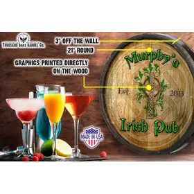 Irish pub barrel end sign displayed with cocktails and bar accessories
