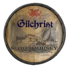 Handmade 21 inch round Gilchrist Scotch Whisky quarter barrel sign with rustic wood finish