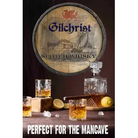 Scotch Distillery Quarter Barrel (C15) on wall with whiskey bottles