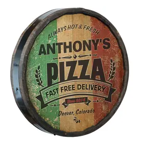 Personalized quarter barrel pizza sign 20 inch round with Italian flag background and custom name