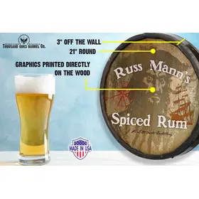 Blackbeard's Spiced Rum round barrel head wall sign featuring pirate face, compass rose and sailing ship dimensions