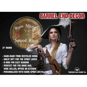 Blackbeard's Spiced Rum round barrel head wall sign featuring pirate face, compass rose and sailing ship with pirate woman and sword