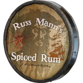 Russ Mann’s Spiced Rum handmade 20–21 inch quarter barrel sign showing 3D depth and wooden barrel rim detail.