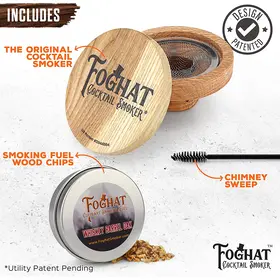 Foghat Cocktail Smoker kit components including oak smoker lid, stainless steel mesh insert, whiskey barrel oak smoking chips, and chimney cleaning brush.