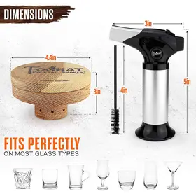 Foghat cocktail smoker lid and torch dimensions showing compatibility with most glass types including rocks and coupe glasses.