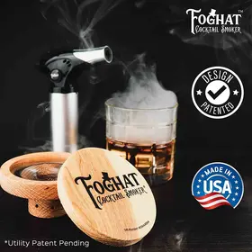 Foghat cocktail smoker kit with refillable torch and smoked whiskey glass, design patented and made in USA premium oak wood drink smoking accessory.