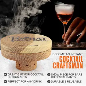 Foghat cocktail smoker lid infusing smoke into a craft cocktail, perfect gift for whiskey and bourbon lovers, reusable bar tool for home bartenders and restaurants.