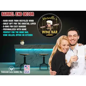 Handmade quarter barrel wine bar sign with Marcelle’s Wine Bar & Bistro design on wood barrel end specs