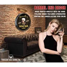 Handmade quarter barrel wine bar sign with Marcelle’s Wine Bar & Bistro design on wood barrel end decor