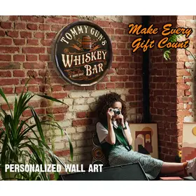 round wooden whiskey bar barrel end sign mounted on stone wall in home bar setting with womanand  product specs